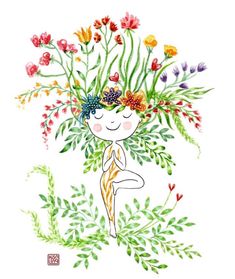 a drawing of a girl with flowers on her head and arms in the air, surrounded by greenery