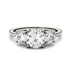 three stone diamond engagement ring in 18k white gold with diamonds on the band and sidestones