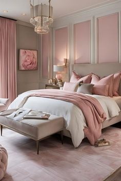 a bedroom with pink walls, white bedding and a chandelier hanging from the ceiling