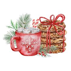 a watercolor painting of cookies and a mug