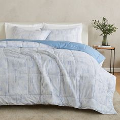 a bed with blue and white comforters in a room next to a plant on a table