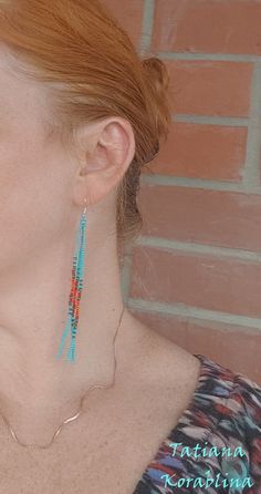 These handmade earrings are made of high-quality Czech beads and strong synthetic thread. They are elegant, fashionable, and highly versatile, suitable for everyday wear. There may be some color discrepancies which is due to the different monitor settings 100% hand made with love! Measurements: Length-about 11cm (4.3 inch) Width -about 0.5 cm (0.2 inch) Materials: Sterling silver components Czech glass beads Strong bead weaving thread Turquoise Beaded Earrings With Tassels For Gift, Turquoise Dangle Beaded Earrings, Turquoise Beaded Drop Earrings, Adjustable Turquoise Chandelier Earrings With Dangling Beads, Turquoise Bohemian Beaded Single Earring, Turquoise Tassel Earrings With Colorful Beads As Gift, Turquoise Earrings With Tassels And Round Beads, Turquoise Tassel Earrings With Dangling Beads For Gifts, Handmade Turquoise Tassel Earrings