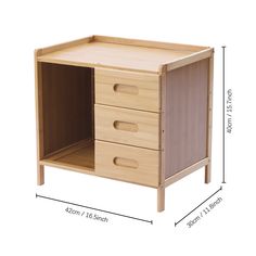 a wooden cabinet with three drawers and measurements for the top drawer, side by side