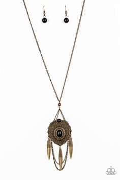 Paparazzi Accessories-Cactus Canyon - Brass Necklace Item #P2TR-BRXX-086XX Earthy black beads are pressed into a stacked brass pendant embossed with ornate circular patterns. Swinging from the bottom of a lengthened brass chain, the colorful pendant gives way to layered brass chains and brass beads radiating with swirling textures for a tribal inspired finish. Features an adjustable clasp closure. Vintage Black Brass Necklace, Antique Black Necklace With Oxidized Finish, Ornate Black Metal Necklace, Vintage Oxidized Black Jewelry, Black Vintage Oxidized Jewelry, Adjustable Medallion Necklace With Antique Finish, Bronze Brass Medallion Necklace With Engraving, Adjustable Brass Medallion Necklace, Antique Gold Brass Pendant Medallion Necklace