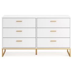 a white dresser with gold handles and drawers on the bottom, against a white background