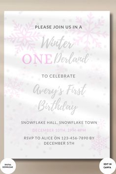 a white and pink snowflake birthday party card with the words winter wonderland on it