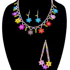 Elegant Handmade Multicolor Jewelry Set Includes Necklace, Earrings And Bracelet. Red Beaded Flower Shaped Jewelry, Colorful Flower Shaped Jewelry For Gifts, Colorful Flower-shaped Jewelry For Gifts, Colorful Flower Shaped Jewelry Gift, Colorful Flower-shaped Jewelry Gift, Multicolor Flower Shaped Jewelry With Colorful Beads, Flower-shaped Colorful Beads Jewelry For Party, Multicolor Flower-shaped Festival Beads, Multicolor Round Beads Jewelry With Flower Charm