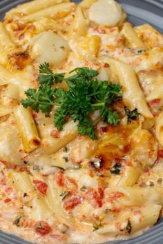 a bowl filled with pasta and cheese covered in parmesan sauce, garnished with fresh parsley