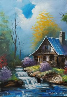 a painting of a cabin by a stream