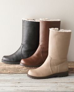 One of our all-time favorite boots is now exclusive to us (and you). We love how the leather with faux shearling lining keeps you warm while looking cool. By Gentle Souls. Side zip. 10 1/2" shaft. Breathable footbed with memory-foam padding. 1" heel with lugged sole. Due to the natural dyeing process, subtle color variations will occur. Note: These boots run true to size and are generous enough to wear with warm socks. Winter Leather Boots Medium Width, Leather Boots With Faux Fur Lining For Cold Weather, Winter Sheepskin Boots With Leather Lining, Leather Mid-calf Lace-up Winter Boots, Leather Waterproof Boots With Faux Fur Lining, Womens Fall Boots, Mid Height Boots, Fleece Boots, Foot Injury