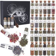 PRICES MAY VARY. 【Great Value Bottled Herbs Set】: Each beautiful magic witchcraft herbs kit comes with 24 bottles of the dried herbs and flowers we need, and each vial is labeled for easy obtain. A cute crystal spoon with crystal on the ends that are cool and pretty. 【Organic Natural Healing Dried Herbs】: Our natural bulk herbs have selected the energy parts of each plant, grown naturally, picked, dried, and individually packaged in sealed cork glass bottles, the magic of the herbs will be at it Room Altar, Witchcraft Herbs, Herb Boxes, Candle Reading, Witch Supplies, Herbal Magic For Wiccans, Witch Candles, Herbs And Flowers, Altar Decor