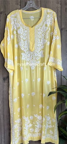 Chikankari Kurta on Soft Modal Cotton /hand Embroidered /free Shipping in US - Etsy Traditional Chanderi Kaftan For Summer, Embroidered Chanderi Kaftan For Festivals, White Anarkali Kaftan With Chikankari Embroidery, Traditional Yellow Kaftan With Resham Embroidery, Long Kurta With Chikankari Embroidery For Summer, Summer Chanderi Kurta With Floral Embroidery, Summer Anarkali With Chikankari Embroidery, Summer Traditional Wear With Chikankari Embroidery, Yellow Bohemian Kurta With Cutdana