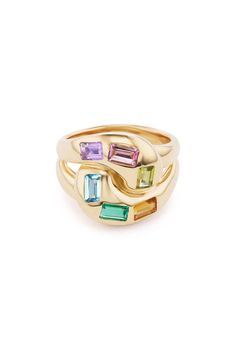 18K Yellow Gold Ring made by hand in New York City. Baguette Stones: Amethyst, Pink Tourmaline, Peridot, Citrine, Emerald, Blue Topaz (0.24cteach) Band: 5mm Face: 17mm x 17mm Interested in this or something similar? Contact our jewelry concierge at 512-347-9488. All jewelry and accessories are considered final sale and may not be returned or exchanged. Brent Neale, Gold Knot Ring, Mushroom Ring, Emerald Blue, Whimsical Jewelry, Knot Ring, Heart Drop Earrings, 18k Yellow Gold Ring, Star Studs