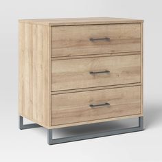 a wooden chest of drawers with metal legs and two drawers on each side, against a white background