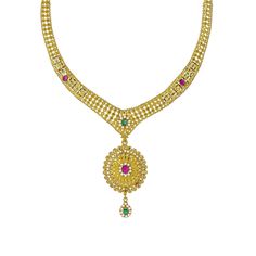 Enter into every room with statement pieces that speak before you do, such as this exquisite 22K yellow gold gemstone Necklace Set from Virani Jewelers. Features: • 22K Yellow Gold • Rubies, Emeralds & CZ Gems • Round Flower Pendants Virani Jewelers has always been committed to providing only the purest in 22K gold jewelry with beautiful and timeless jewelry pieces. This exquisite 22K yellow gold gemstone necklace set is no exception. This bold and beautiful necklace set is encrusted with precio Gold Gemstone Necklace, 22k Gold Jewelry, Round Flower, Yellow Gold Necklace, Gold Necklace Set, Timeless Jewelry, Beautiful Necklace, Large Flowers, Flower Pendant