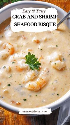 shrimp and shrimp seafood bisque in a white bowl on a wooden table with parsley