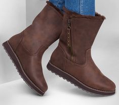 Beat the chill in stylish, cozy comfort wearing Skechers Keepsakes 2.0 - Casual Winter. This vegan 3M Scotchgard treated mid-calf boot features a faux-fur lined vegan leather upper with an asymmetrical side-zip closure and a cushioned Warm Tech Memory Foam insole. | Skechers Women's Keepsakes 2.0 - Casual Winter Boots | Medium Width | Warm Tech Memory Foam cushioned comfort insole is designed to retain body heat | Treated with 3M Scotchgard to resist water and stains | Crafted with 100% vegan ma Casual Winter Boots, Summer Clearance Sale, Shoe Technology, Skechers Women, Comfort Wear, Body Heat, Mid Calf Boots, Comforters Cozy, Winter Casual