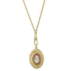 A style popularized by Queen Victoria, this timeless vintage inspired double locket necklace from 1928 will add a beautiful touch to any ensemble. Featuring a simulated carnelian and ivory color cameo set on an etched gold tone frame, this is sure to become a favorite piece in your jewelry collection. A style popularized by Queen Victoria, this timeless vintage inspired double locket necklace from 1928 will add a beautiful touch to any ensemble. Featuring a simulated carnelian and ivory color ca Classic Locket Necklace For Vintage Collection, Classic Cameo Necklace With Oval Pendant, Antique Oval Necklace For Vintage Events, Vintage Cameo Pendant Locket Necklace, Vintage Oval Cameo Necklace, Victorian Cameo Oval Locket Necklace, Victorian Oval Cameo Locket Necklace, Victorian Cameo Locket Necklace For Formal Occasions, Antique Gold Oval Necklace With Vintage Charm