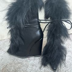 Gorgeous Lace Up Fur Heeled Boots. Eu 37. Never Worn. Only Selling Because They Are A Size Too Big. Black Leather. Silver Studs Lined On Bottom Of Shoe. Black Fur Heel Height 12.5 Cm Lace Up Heeled Boots, Lace Up Heel Boots, Fur Heels, Fur Shoes, Shoe Black, Fur Boots, Leather Silver, Lace Up Heels, Boots Outfit