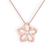 14K Yellow Gold Floating Plumeria Pendant with a 0.03 Carat bezel set Diamond. 17" 14K Yellow Gold Chain included. The Plumeria flower measures approximately 7/16" in width. Formal Rose Gold Necklace With Flower Pendant, Formal Rose Gold Necklaces With Flower Pendant, Flower-shaped Diamond Necklace For Anniversary, Flower Shaped Diamond Necklace For Anniversary, Yellow Gold Necklace With Flower Pendant For Anniversary, Anniversary Rose Gold Flower Charm Necklace, Rose Gold Flower-shaped Necklace With Diamond Accents, Rose Gold Flower Shaped Necklace With Diamond Accents, Rose Gold Flower Pendant Diamond Necklace For Anniversary