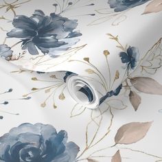 a blue and white floral wallpaper with gold foiling on the bottom half of it