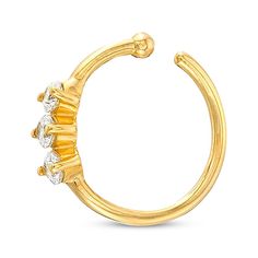 A trio of sparklers adds shine to your attire in this dainty nose ring. Crafted in 14K yellow gold Gauge: 020 Tube Length: 8MM The round-cut cubic zirconia stones measure 1.8mm Yellow Gold Nose Ring With Prong Setting For Anniversary, Yellow Gold Nose Rings With Prong Setting For Wedding, Anniversary Yellow Gold Round Nose Rings, Wedding Gold Cubic Zirconia Nose Rings, Yellow Gold Cubic Zirconia Toe Ring, Yellow Gold Pierced Nose Rings Gift, Yellow Gold Diamond Nose Ring With Prong Setting, Diamond Prong Set Yellow Gold Nose Rings, Yellow Gold Diamond Nose Rings For Gift