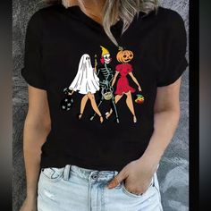 Get Ready For Halloween With This Spooky And Stylish T-Shirt! Featuring A Pinup Design With Ghoulish Characters Like Ghosts, Skeletons, And Pumpkins, This Shirt Is Perfect For Any Halloween Lover. Made With High-Quality Materials, This Shirt Is Sure To Last And Keep You Looking Great All Season Long. Available In A Women's Size Medium, This Shirt Is Perfect For Anyone Who Loves Halloween And Wants To Show Off Their Spooky Side. With Its Black Color And Halloween Theme, This Shirt Is A Must-Have Black Grunge T-shirt For Fall, Trendy Black T-shirt For Fall, Halloween Black T-shirt With Character Print, Black Skull Print Top For Halloween, Spooky Black T-shirt For Fall, Spooky Black T-shirt With Skull Print, Trendy Skull Print Tops For Fall, Trendy Black Top With Character Print, Fun Black Top For Halloween