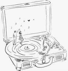 a drawing of a turntable with a person standing on it and the lid open