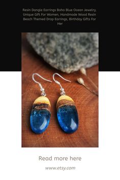 Each piece of my jewelry tells a different story. This pair of hand-carved wood resin earrings carry the calmness and stillness of a deep blue ocean! A great Gift for blue ocean Lovers who like to have a special piece of art that is not mass-produced and no one else has. ************************************ Details • Made To Order Earrings • Materials: High-Quality Walnut Wood And Resin. • Your Order Will Be Packaged In A Beautiful Box, Ideal For Gifts. • Each Of Handmade earrings Are Artisan Blue Jewelry For The Beach, Artisan Blue Jewelry For Beach, Resin Drop Earrings For Beach, Handmade Artisan Blue Earrings, Artisan Handmade Blue Earrings, Turquoise Resin Earrings For Gift, Blue Resin Dangle Jewelry, Bohemian Resin Jewelry With Matching Earrings, Artisan Blue Earrings