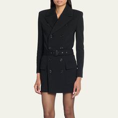 Saint Laurent blazer mini dress with an adjustable belted waist  Double-breasted front Notched collar  Two-row button front  Long sleeves Front patch pockets  Hem falls above the knee  Bodycon silhouette  Wool/nylon/polyamide Made in Italy Luxury Long Sleeve Mini Dress For Work, Luxury Blazer With Belt Loops And Long Sleeves, Luxury Long Sleeve Belted Blazer, Designer Belted Blazer For Work, Luxury Long Sleeve Blazer Dress For Business, Designer Double-breasted Blazer Dress For Work, Luxury Double-breasted Blazer Dress For Fall, Classic Belted Blazer Dress For Workwear, Fall Semi-formal Belted Blazer Dress