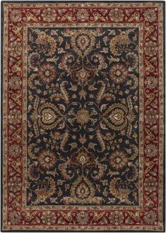 a black and red rug with an ornate design