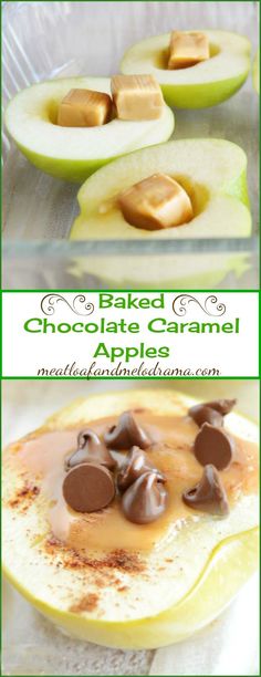 baked caramel apples with chocolate on top