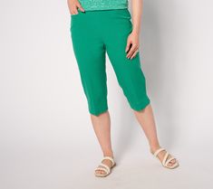 A touch of stretch and an elastic waistband make these pedal pushers a comfortable choice. The crease down the front and back is a sophisticated detail you'll love. From Isaac Mizrahi Live!TM. Pedal Pushers, Petite Pants, Isaac Mizrahi, Athletic Apparel, Skirt Suit, T Shirt Top, Jacket Dress, Pant Jumpsuit, Jumpsuit Romper