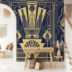 an art deco style wallpaper in a living room with stairs and table next to it