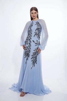 Feather Embellished Woven Long Sleeve Maxi Dress | Karen Millen Capsule Wardrobe Dresses, Latest Maxi Dresses, Summer Bridesmaid Dresses, Spring Wedding Guest Dress, Ibiza Outfits, Maxi Dress Collection, Formal Wear Dresses, Petite Skirt, Fall Wedding Guest Dress