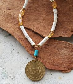 Colorful Argentina coin gemstone necklace Howlite Stone, White Howlite, Yellow Citrine, Citrine Stone, Coin Jewelry, Coin Necklace, White Stone, Gemstone Necklace, Summer Style