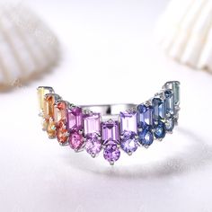 Vintage Rainbow Sapphire Ring,September Birthstone Gift Silver Ring,Yellow Sapphire,Orange Sapphire,Pink Sapphire,Blue Sapphire Promise Ring Cluster Ring,Multi color Stacking Ring Gift for Her,Bridal Ring Gift Anniversary Gift Main Ring: Metal:Solid 14k/18k rose gold,white gold or yellow gold Wedding band: 2.5*3.5mm Baguette cut and 2.5mm round cut natural rainbow sapphire --------------------------------------- Size: US3-10 (If your ring size is lower than 3 or larger than 10, please contact me firstly. I will custom make this ring size for you.) ---------------------------------------------- Craft Period: All our items are handmade, pls allow me 2-3weeks to finish. Rush finish and rush delivery service are also available if you pay extra fee. When you need it, pls email me directly. Rush Rainbow Sapphire Ring Fine Jewelry Gift, Rainbow Sapphire Ring As Gift, Rainbow Sapphire Ring For Gift, Multicolor Sapphire Ring For Gift, Multicolor Promise Rings With Gemstone Accents, Multicolor Gemstone Promise Ring, Multicolor Accent Stones Ring, Multicolor Rings With Gemstone Accents For Gift, Rainbow Ring With Accent Stones