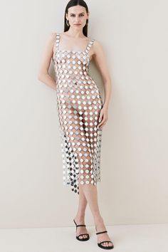 Mirrored Disc Side Split Maxi Dress | Karen Millen Crystal Mesh Dress, Work Christmas Party Dress, Disc Dress, Side Split Maxi Dress, Side Split Dress, Minimal Accessories, Beige Heels, Dress Unique, Dress Silver