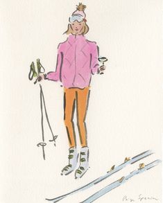 a drawing of a woman on skis in the snow holding her poles and wearing a pink jacket