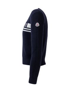 Blue long-sleeved sweater. Crew neck. Ribbed collar, cuffs and hem. Moncler logo embroidered on the front. Logo patch on the sleeve.Composition: Outside:, 100% Cotton Long Sleeve Cotton Sweater With Logo Detail, Winter Sweatshirt With Logo And Long Sleeves, Winter Long Sleeve Sweatshirt With Logo Detail, Fall Long Sleeve Sweater With Logo Detail, Designer Winter Sweater With Logo Detail, Blue Sweater With Logo Detail For Fall, Classic Long Sleeve Sweater With Logo Detail, Winter Long Sleeve Tops With Logo Detail, Winter Long Sleeve Sweater With Logo Detail