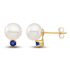 Lustrous freshwater cultured pearls rest atop dazzling round natural blue sapphire gemstones in these sensational women's stud earrings. Fashioned in 14K yellow gold, the earrings secure in place with friction backs. Girls Presents, Contoured Wedding Band, Scotland Elopement, Blue Sapphire Studs, Sapphire Stud Earrings, Sapphire Earrings Studs, Gold Book, Jared The Galleria Of Jewelry, Sapphire Studs