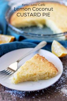 a slice of lemon coconut custard pie on a plate