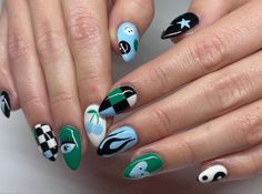 Blue And Blue Nails, Mix And Match Nail Art, Blue And Green Nail Art, Chequered Nails, Mismatched Nails Summer, Mixed Nail Designs, Blue And Green Nails Designs, Green Nails With Design, Green And Blue Nails