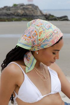 Paisley Motif Bandana Pale Green Bohemian Bandana For Beach In Summer, Trendy Beach Bandana Headband, Summer Hippie Bandana, One Size Bandana With Bandana Print For Beach, Hippie Style Summer Bandana, Summer Vacation Bandana, Bohemian Adjustable Bandana For Vacation, Casual One Size Silk Scarf For Beach, Bohemian Patterned Bandana With Paisley Print