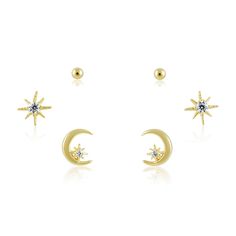 Indulge in celestial charm with our Stardust Earring Trio. Each dainty earring features a twinkling star or crescent moon, perfect for adding a touch of magic to any outfit. Feel sweet and stylish with this darling trio. 18k Gold Plated over Sterling Silver Cz Stones Hypoallergenic Water & Tarnish Resistant Dainty Earrings, Original Gift, Cz Stone, Stardust, Crescent Moon, Twinkle Twinkle, Crescent, Earring Set, Sale Items