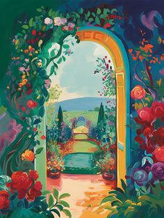 a painting of an open door leading to a garden filled with flowers and greenery