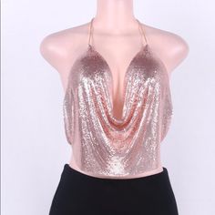 Sexy Backless Sequined Top Rose Gold 7 Color Choices: Gold, Silver, Black, Rose Gold, Pink, White & Orange One Size Fits Most Small-Xl Party V-neck Halter Top With Built-in Bra, V-neck Halter Top With Built-in Bra For Party, Spring Party Low-cut Tank Top, Spring Party Low-cut Crop Top, Party Crop Tube Top With Built-in Bra, Chic Low-cut Crop Top For Party, Trendy Backless Tube Top For Party, Chic Low-cut Halter Top For Party, Party Halter Top With Built-in Bra And V-neck