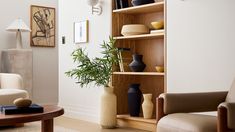 a living room filled with furniture and a potted plant on top of a wooden shelf