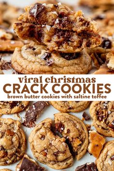 several cookies stacked on top of each other with chocolate chips and caramel chunks in the middle