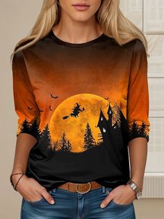 Buy Inexpensive T-shirts at Zolucky online store, SPU: 2941JT-87DAE1, Color: Orange, Elasticity:Micro-Elasticity, Thickness:Regular. Halloween Horror Long Sleeve T-shirt, Horror Graphic Print Long Sleeve T-shirt, Horror Long Sleeve T-shirt For Fall, Orange Crew Neck Top With Character Print, Spooky Orange Crew Neck Top, Spooky Halloween Crew Neck Top, Spooky Crew Neck Top For Halloween, Orange Halloween Tops With Character Print, Halloween Printed Crew Neck T-shirt